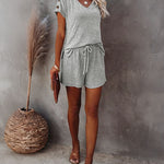 Women's V Neck Short Sleeve Top and Drawstring Shorts Set Casual Loose Fit Loungewear Two Piece Outfit with Pockets