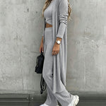 Women's 3 Piece Knit Set Long Cardigan Criss Cross Crop Tank Top and Wide Leg Pants Casual Ribbed Brushed Lounge Set
