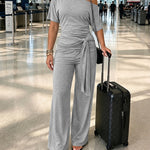 Women's Skew Neck 2 Piece Outfits Ruched Tie Waist Short Sleeve Top and High Waisted Wide Leg Pants Lounge Set