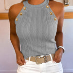 Women's Halter Neck Knit Tank Top Gold Button Cable Knit Vest Sleeveless Slim Fit Ribbed Top