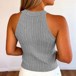 Women's Halter Neck Knit Tank Top Gold Button Cable Knit Vest Sleeveless Slim Fit Ribbed Top