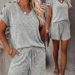 Women's V Neck Short Sleeve Top and Drawstring Shorts Set Casual Loose Fit Loungewear Two Piece Outfit with Pockets
