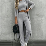 Women's 3 Piece Knit Set Long Cardigan Criss Cross Crop Tank Top and Wide Leg Pants Casual Ribbed Brushed Lounge Set
