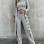 Women's 3 Piece Knit Set Long Cardigan Criss Cross Crop Tank Top and Wide Leg Pants Casual Ribbed Brushed Lounge Set