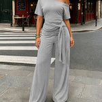 Women's Skew Neck 2 Piece Outfits Ruched Tie Waist Short Sleeve Top and High Waisted Wide Leg Pants Lounge Set