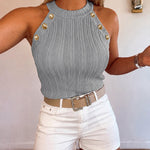 Women's Halter Neck Knit Tank Top Gold Button Cable Knit Vest Sleeveless Slim Fit Ribbed Top