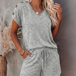 Women's V Neck Short Sleeve Top and Drawstring Shorts Set Casual Loose Fit Loungewear Two Piece Outfit with Pockets