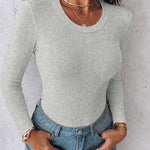 Women's Crewneck Long Sleeve Ribbed Knit Top Slim Fit Base Layer Shirt Soft Stretchy Casual Tee with Built-in Bra
