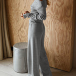 CHICME Women's 2-Piece Knit Set Skew Neck Long Sleeve Slim Fit Top and High-Waist Wide-Leg Pants Casual Soft Ribbed Lounge Set