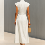 Women's Pure Cotton Lapel Cap Sleeves Waist Maxi Dress
