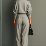 Women's Grey Blended Sweatshirt Wide-Leg Pants Set