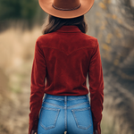 Outdoor Western Cowboy Red Suede Lapel Tassel Long Sleeve Shirt