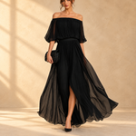 Genevieve | Off-shoulder chiffon maxi dress with flowing skirt