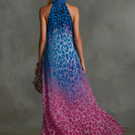 Gradient Leopard Print Chiffon High-neck Sleeveless Maxi Dress