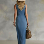 V-neck Button-up Side-slit Denim Sleeveless Maxi Dress