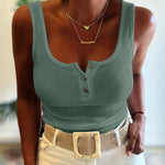 U-Neck Sleeveless Half Button Front Tank Slim Fit Backless Knit Waffle Tank Top