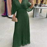 Deep V-Neck Batwing Sleeve High Waist Pleated Maxi Dress Casual Cinched Waist Backless Tied Detail Zipper Back Evening Dress