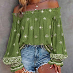 Vintage Tribal Placement Print Shirred Off Shoulder Flared Cuffs Blouse Casual Frill Trim Boho Top