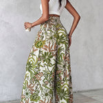 Vintage Floral Print High Waist Shirred Elastic Waist Wide Leg Pants