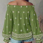 Vintage Tribal Placement Print Shirred Off Shoulder Flared Cuffs Blouse Casual Frill Trim Boho Top