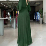 Deep V-Neck Batwing Sleeve High Waist Pleated Maxi Dress Casual Cinched Waist Backless Tied Detail Zipper Back Evening Dress