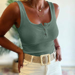 U-Neck Sleeveless Half Button Front Tank Slim Fit Backless Knit Waffle Tank Top