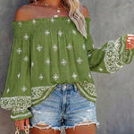 Vintage Tribal Placement Print Shirred Off Shoulder Flared Cuffs Blouse Casual Frill Trim Boho Top