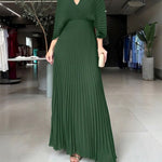 Deep V-Neck Batwing Sleeve High Waist Pleated Maxi Dress Casual Cinched Waist Backless Tied Detail Zipper Back Evening Dress