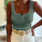 U-Neck Sleeveless Half Button Front Tank Slim Fit Backless Knit Waffle Tank Top