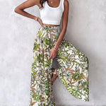 Vintage Floral Print High Waist Shirred Elastic Waist Wide Leg Pants