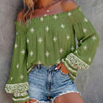 Vintage Tribal Placement Print Shirred Off Shoulder Flared Cuffs Blouse Casual Frill Trim Boho Top