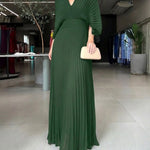 Deep V-Neck Batwing Sleeve High Waist Pleated Maxi Dress Casual Cinched Waist Backless Tied Detail Zipper Back Evening Dress