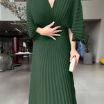 Deep V-Neck Batwing Sleeve High Waist Pleated Maxi Dress Casual Cinched Waist Backless Tied Detail Zipper Back Evening Dress