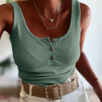 U-Neck Sleeveless Half Button Front Tank Slim Fit Backless Knit Waffle Tank Top