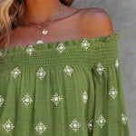 Vintage Tribal Placement Print Shirred Off Shoulder Flared Cuffs Blouse Casual Frill Trim Boho Top