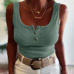 U-Neck Sleeveless Half Button Front Tank Slim Fit Backless Knit Waffle Tank Top