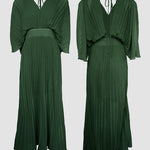 Deep V-Neck Batwing Sleeve High Waist Pleated Maxi Dress Casual Cinched Waist Backless Tied Detail Zipper Back Evening Dress