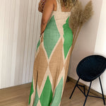Geometric Print Square Neck Thick Strap Vacation Dress Casual Slim Fit Slit Maxi Dress