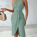 Adjustable Halter Hollow-out Back Ruched Front Slit Dress Guipure Lace Yoke Eyelet Embroidery Vacation Dress