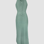Adjustable Halter Hollow-out Back Ruched Front Slit Dress Guipure Lace Yoke Eyelet Embroidery Vacation Dress