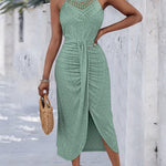 Halter Tie Criss Cross Front Ruched Knit Jacquard Textured Slit Dress Casual Hollow-out Draped Vacation Dress