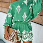 Women's Vintage Print Two-Piece Set Off-Shoulder Batwing Sleeve Top and High-Waisted Shorts Casual Vacation Set
