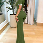 Women's Contrast Polo Neck Jumpsuit Short Sleeve Bodycon Romper Flared Leg Overalls with Snap Button Placket