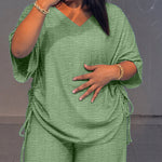 Women's Textured 2 Piece Outfits V Neck Drawstring Ruched Top and Wide Leg Pants Set Casual Loose Loungewear