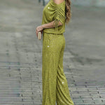 Women's Two-Piece Rhinestone Lounge Suit Skew Neck Top and Wide-Leg Pant Set Elegant Commuter Outfit with Pockets