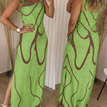 Abstract Print Square Neck Thick Strap Maxi Dress Elegant Side Slit Vacation Dress