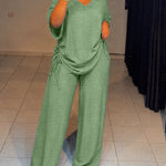 Women's Textured 2 Piece Outfits V Neck Drawstring Ruched Top and Wide Leg Pants Set Casual Loose Loungewear
