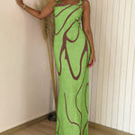Abstract Print Square Neck Thick Strap Maxi Dress Elegant Side Slit Vacation Dress