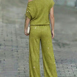 Women's Two-Piece Rhinestone Lounge Suit Skew Neck Top and Wide-Leg Pant Set Elegant Commuter Outfit with Pockets