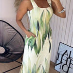 Plants Print Square Neck Thick Strap Maxi Dress Casual Slim Fit Side Slit Vacation Dress with Pockets